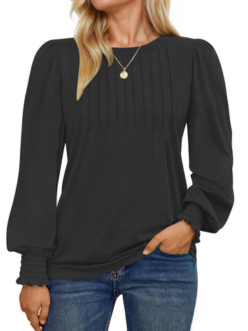 UVN Plus Size Tops for Women Pleated Long Sleeve Shirts Dressy Casual Crewneck Fall Blouses