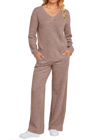 UVN Two Piece Sets for Women Casual Outfits Sets Textured Long Sleeve Shirts and Long Pants Lounge Set Fall Pajama Sets with Pockets