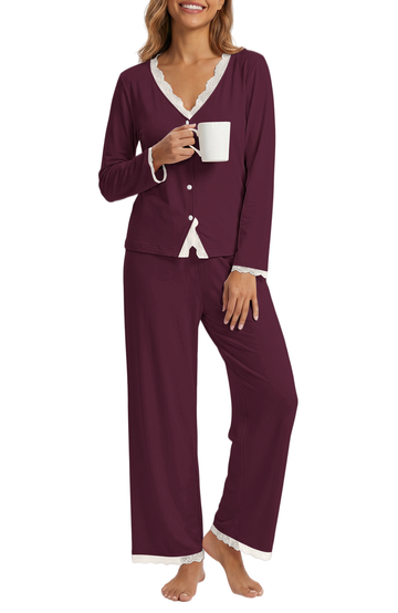 UVN Womens Pajama Sets Fall Long Sleeve Button Down Tops and Pants Two Piece Outfits Ladies Lace Sleepwear Soft Pjs Lounge Sets with Pockets