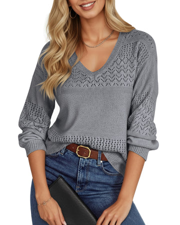 UVN Sweaters for Women Casual V Neck Long Sleeve Pullover Winter Lightweight Crochet Hollow Out Knit Jumper