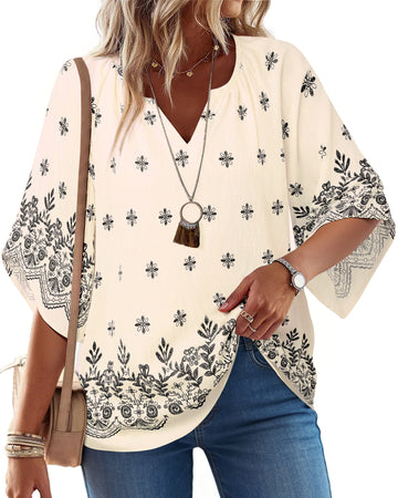UVN Womens Summer Blouses Bohemian 3/4 Bell Sleeve Shirts for Women V Neck Flowy Casual Pleated Tops