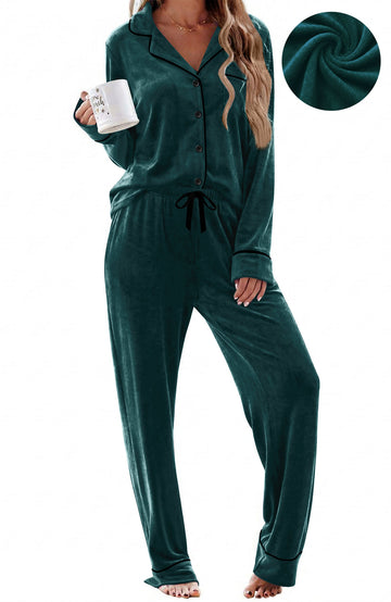 UVN Velvet Pajama Sets for Women Winter Long Sleeve Button Down Top and Drawstring Pant Ladies Casual Sleepwear