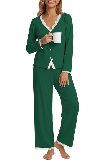 UVN Womens Pajama Sets Fall Long Sleeve Button Down Tops and Pants Two Piece Outfits Ladies Lace Sleepwear Soft Pjs Lounge Sets with Pockets