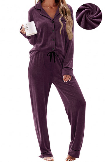 UVN Velvet Pajama Sets for Women Winter Long Sleeve Button Down Top and Drawstring Pant Ladies Casual Sleepwear