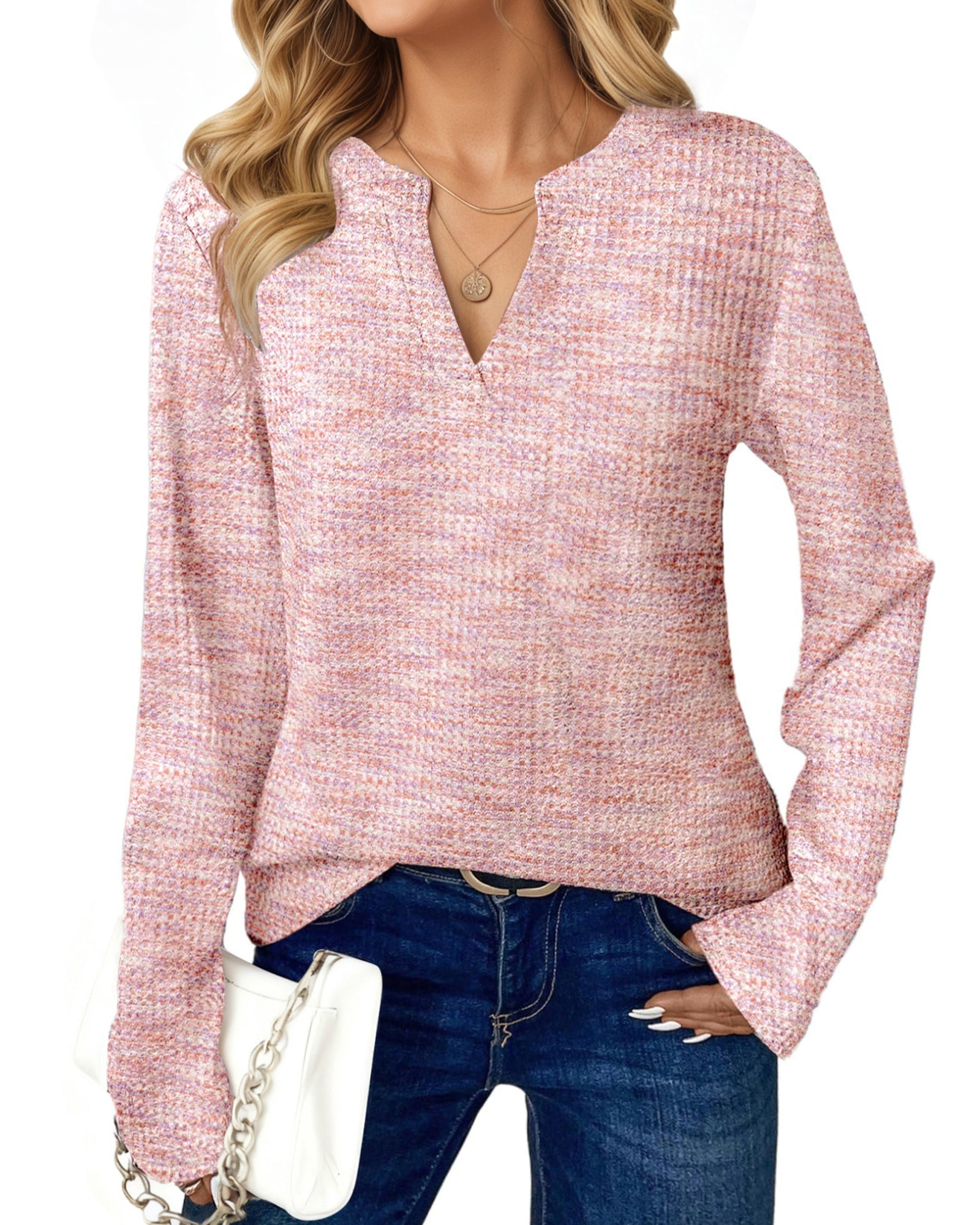 UVN Long Sleeve Shirts for Women Fall V Neck Waffle Knit Blouses Dressy Casual Tunic Tops Ladies Work Clothes
