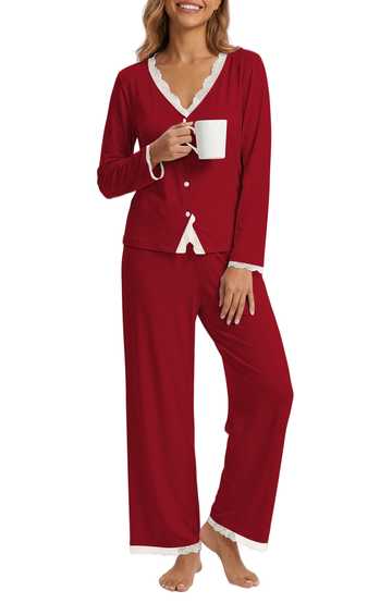 UVN Womens Pajama Sets Fall Long Sleeve Button Down Tops and Pants Two Piece Outfits Ladies Lace Sleepwear Soft Pjs Lounge Sets with Pockets