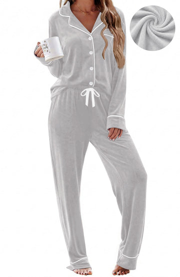 UVN Velvet Pajama Sets for Women Winter Long Sleeve Button Down Top and Drawstring Pant Ladies Casual Sleepwear