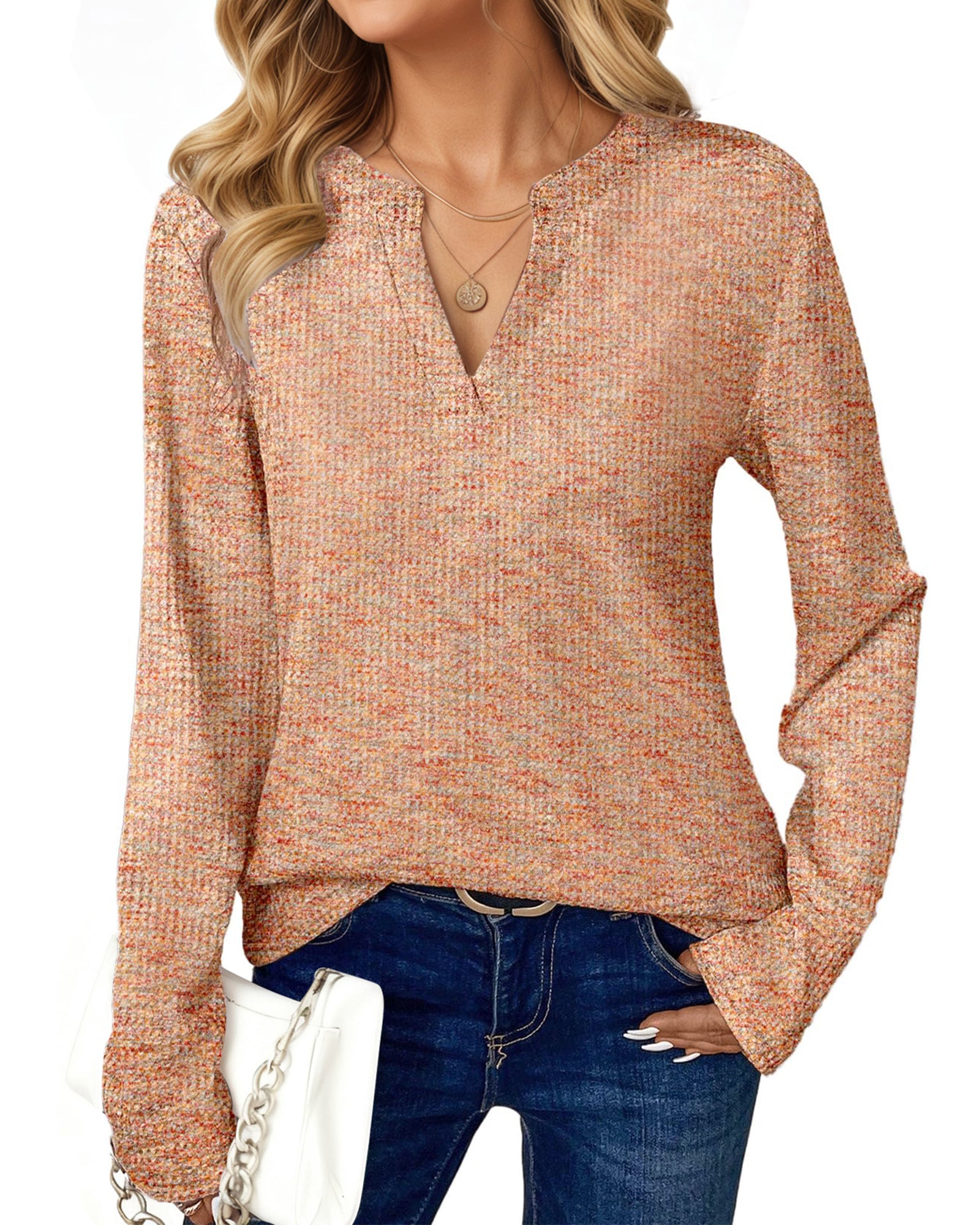 UVN Long Sleeve Shirts for Women Fall V Neck Waffle Knit Blouses Dressy Casual Tunic Tops Ladies Work Clothes