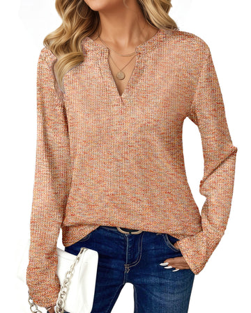 UVN Long Sleeve Shirts for Women Fall V Neck Waffle Knit Blouses Dressy Casual Tunic Tops Ladies Work Clothes