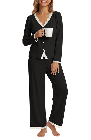 UVN Womens Pajama Sets Fall Long Sleeve Button Down Tops and Pants Two Piece Outfits Ladies Lace Sleepwear Soft Pjs Lounge Sets with Pockets