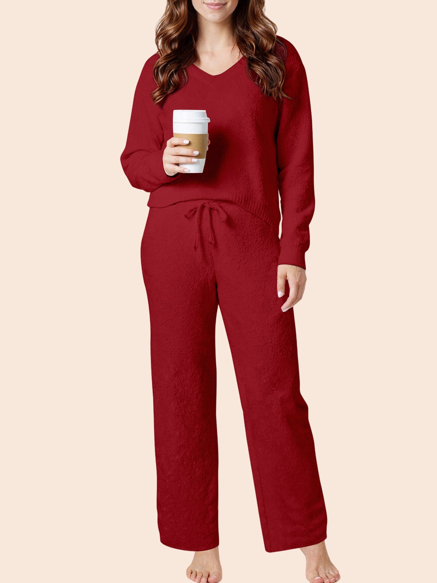 UVN Winter Pajama for Women Sweater Set Ladies V neck Tops and Long Pants Warm 2 Piece Loungewear