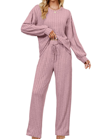 UVN Pajama Sets for Women Long Sleeve Lounge Set Ribbed Knit Sleepwear 2 Piece Pjs Soft Loungewear with Pockets