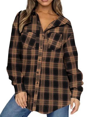 UVN Plaid Shirt for Women Oversized Flannel Long Sleeve Shirts Casual Button Down Blouse Tops with Pockets
