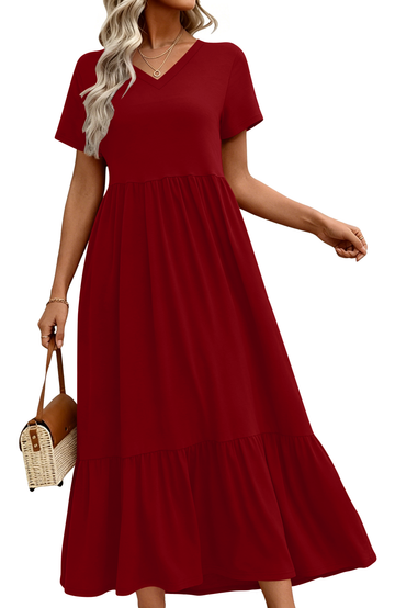 UVN Long Dresses for Women Summer Short Sleeve Casual V Neck Maxi Dress with Pockets