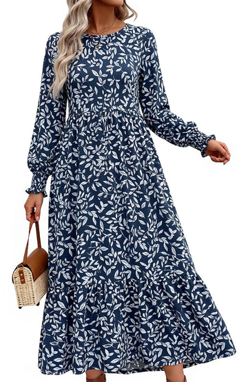 UVN Fall Long Dress for Women Crewneck Casual Long Sleeve Pleated Dresses with Pockets