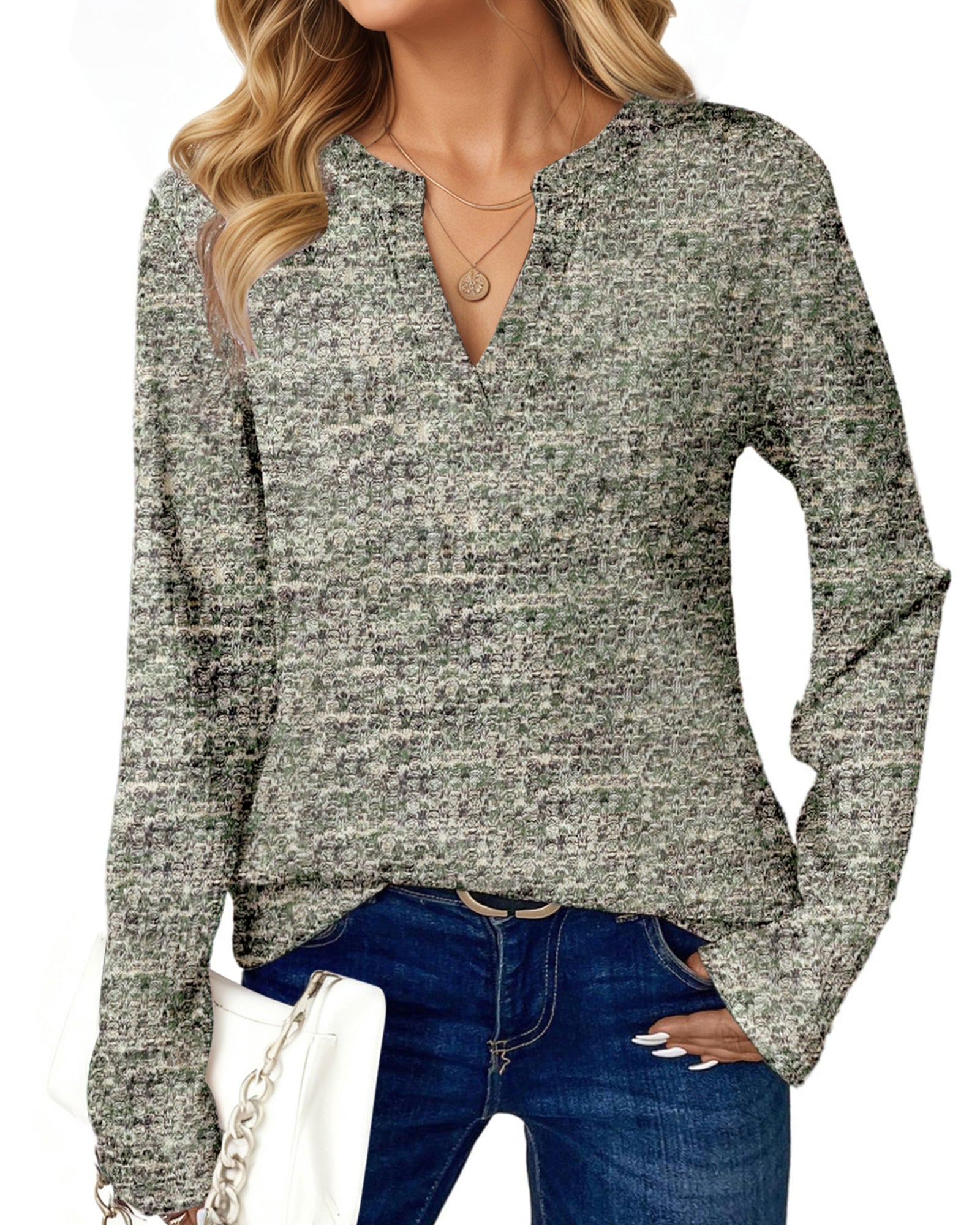 UVN Long Sleeve Shirts for Women Fall V Neck Waffle Knit Blouses Dressy Casual Tunic Tops Ladies Work Clothes