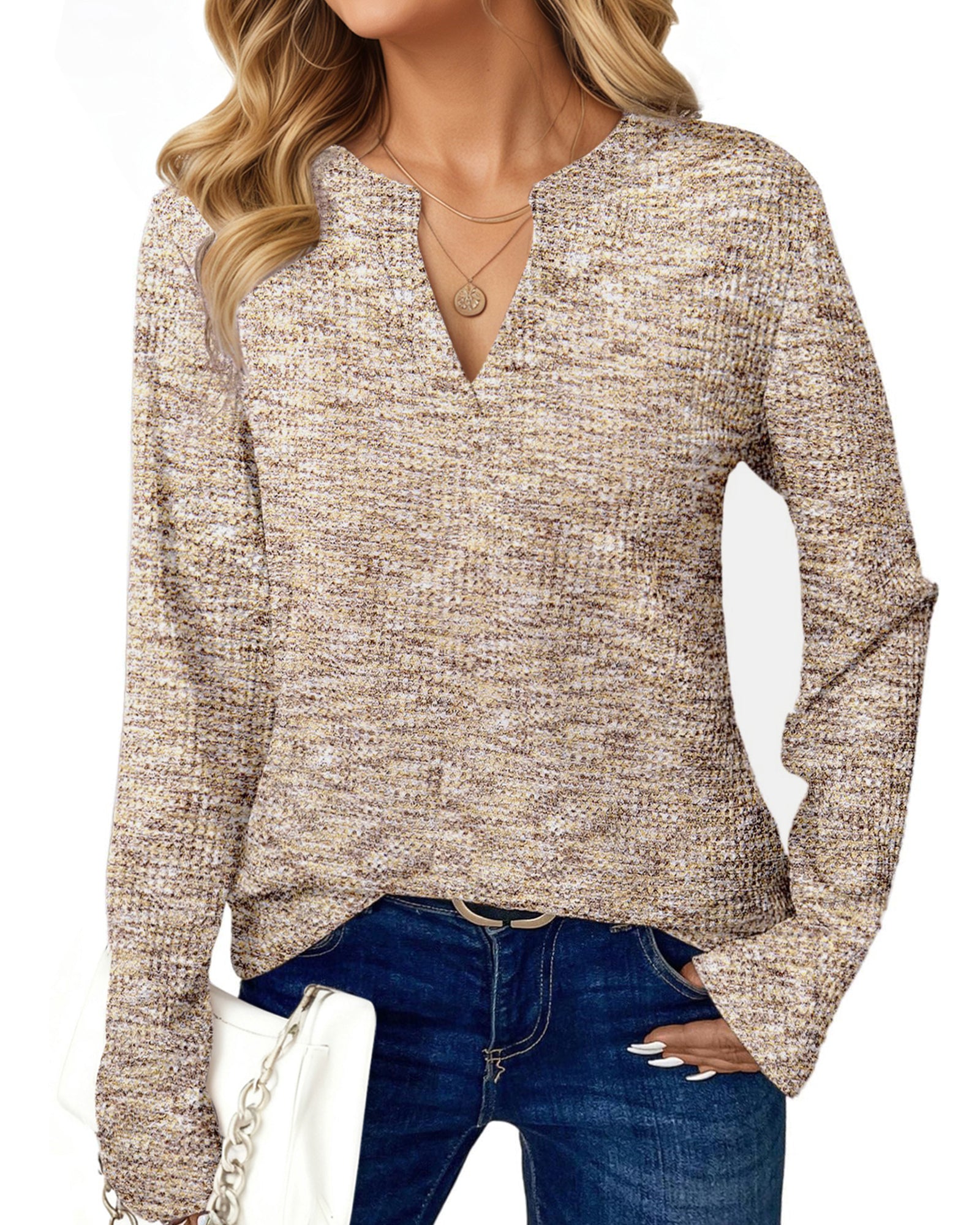 UVN Long Sleeve Shirts for Women Fall V Neck Waffle Knit Blouses Dressy Casual Tunic Tops Ladies Work Clothes