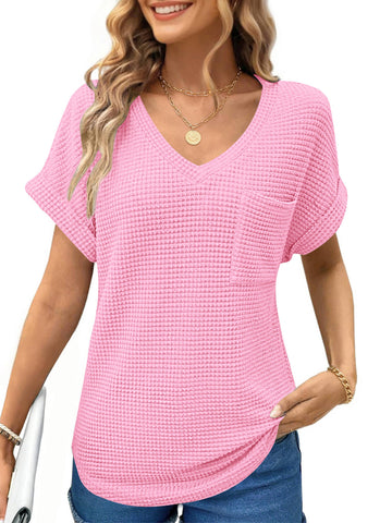UVN Womens Summer Tops Short Sleeve V Neck Blouses Ladies Casual Waffle Knit Trendy Tunic Shirts