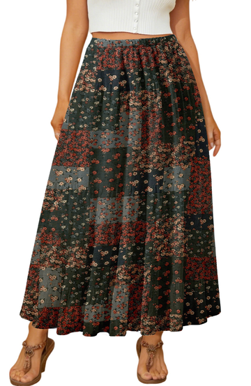 UVN Skirts for Women Summer Chiffon Pleated A-Line Long Skirt Elastic High Waist Swing Tiered Boho Beach Floral Print Maxi Skirts