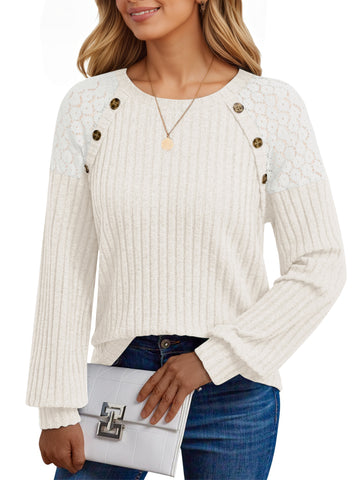 UVN Blouses for Women Casual Long Sleeve Shirts Dressy Hollow Out Lace Button Tops Fall Lightweight Pullover