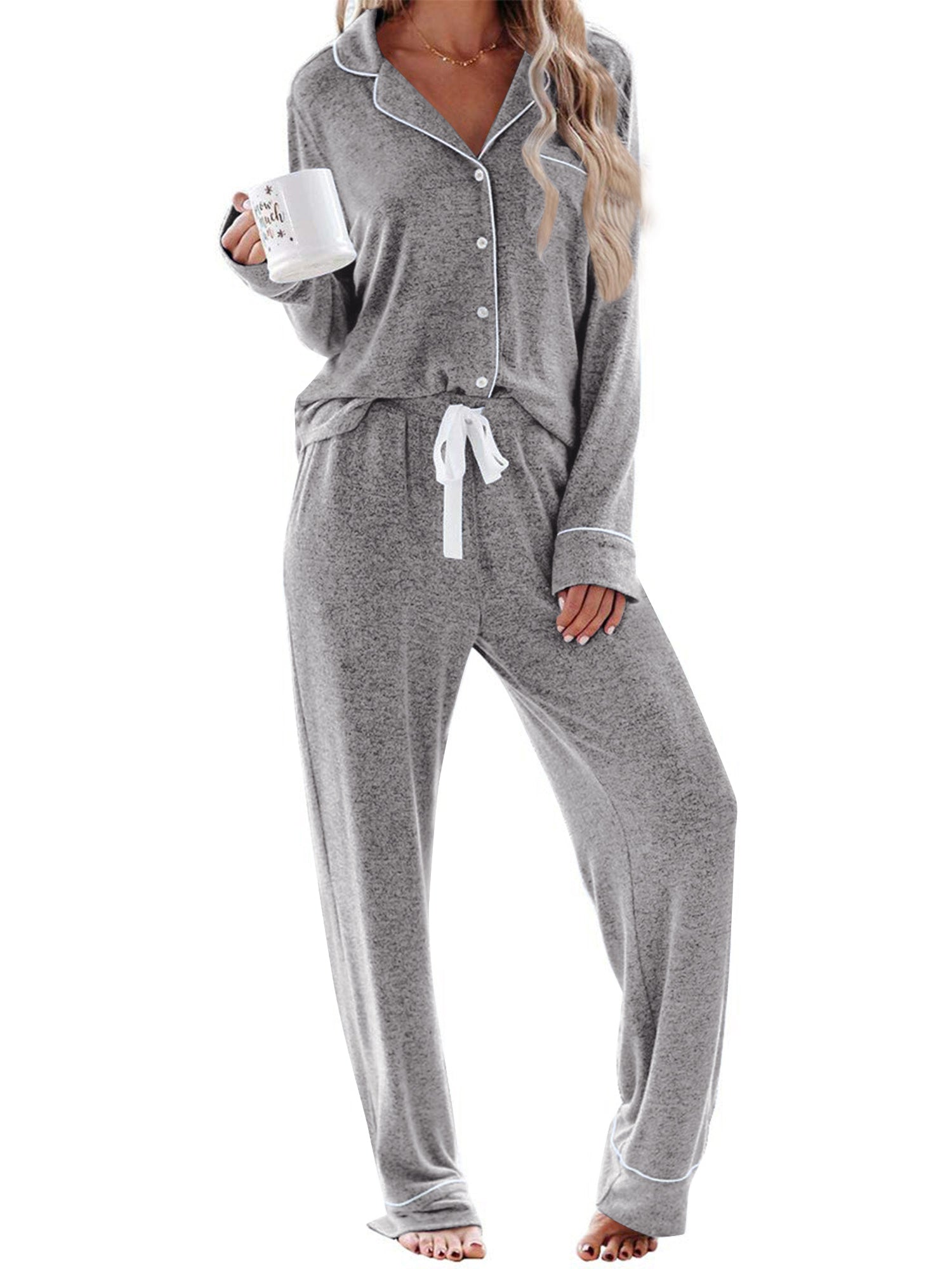 UVN Womens Pajama Sets Long Sleeve Top and Long Pants Soft Pjs Sleepwear Ladies Button Down Lounge Set