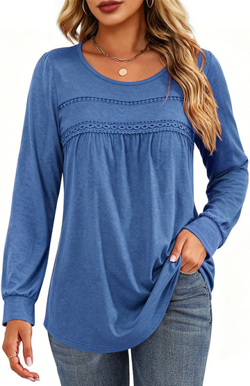 UVN Blouses for Women Long Sleeve Crochet Shirts Ladies Fall Casual Crew Neck Tunic Tops