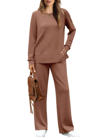 UVN 2 Piece Outfits for Women Long Sleeve Sweatsuit and Wide Leg Tracksuit Ladies Fall Cozy Lounge Sets