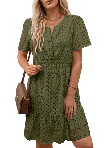 UVN Women Dress Summer Short Sleeve V Neck Dress Ladies Caual A Line Hollow Out Lace Beach Dresses