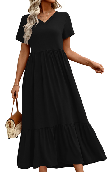 UVN Long Dresses for Women Summer Short Sleeve Casual V Neck Maxi Dress with Pockets