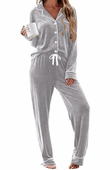 UVN Velvet Pajama Sets for Women Winter Long Sleeve Button Top and Womens Drawstring Pant Sleepwear with Pockets
