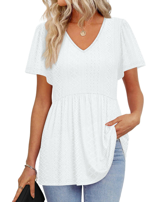 UVN Summer Blouses for Women Short Sleeve V Neck Peplum Tunic Tops Casual Babydoll Flowy T Shirts