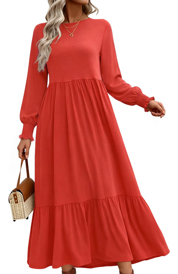 UVN Fall Long Dress for Women Crewneck Casual Long Sleeve Pleated Dresses with Pockets