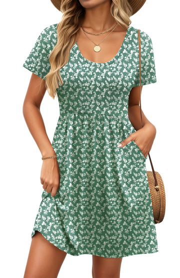 UVN Summer Dresses for Women Boho Floral Print Midi Dresses Casual Short Sleeve U Neck Beach Sundress with Pockets