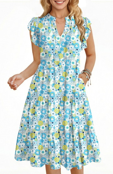 UVN Summer Dresses for Women Ruffle Sleeve V Neck Midi Dress Casual Beach Sundress with Pockets
