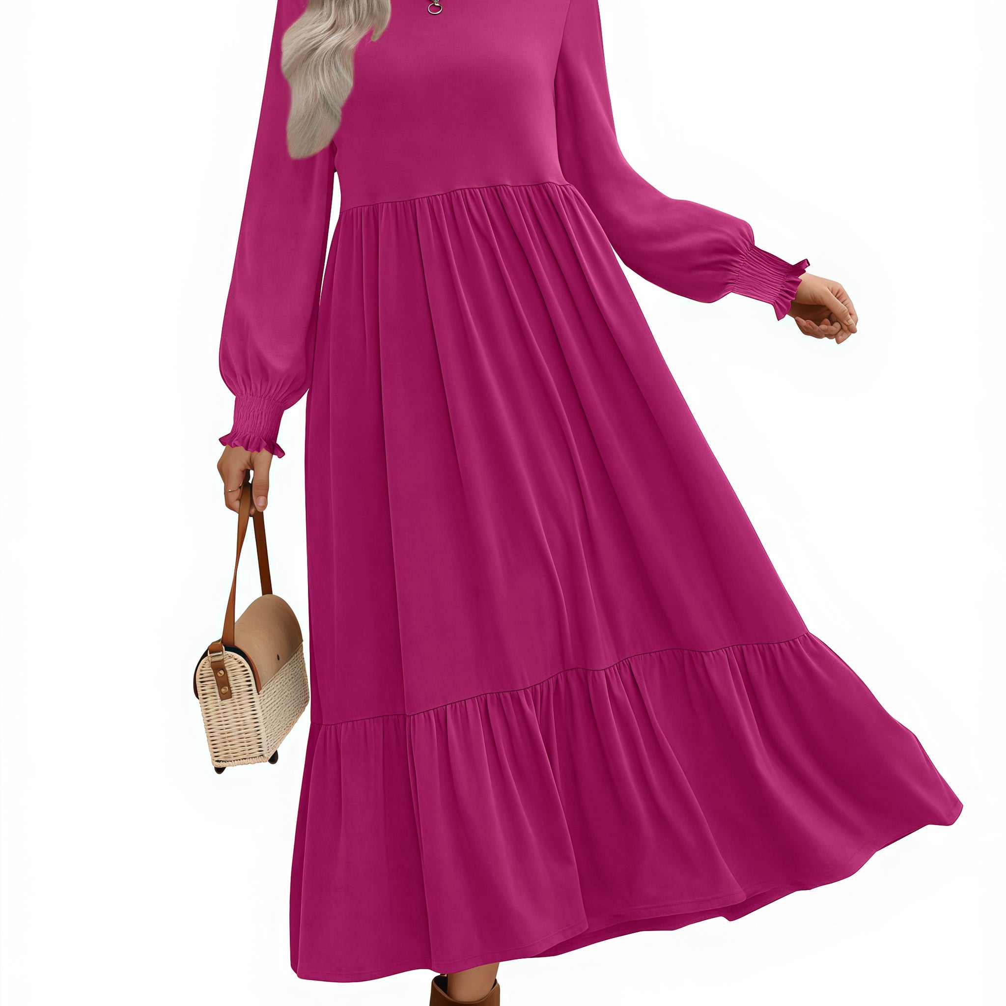 UVN Fall Long Dress for Women Crewneck Casual Long Sleeve Pleated Dresses with Pockets