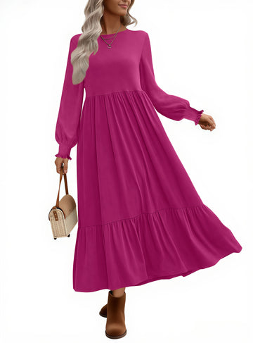 UVN Fall Long Dress for Women Crewneck Casual Long Sleeve Pleated Dresses with Pockets
