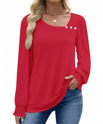 UVN Fall Square Neck Tops for Women Long Sleeve Blouse Ladies Dressy Button Shirts