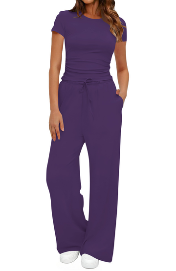 UVN Summer 2 Piece Outfit Set for Women Ruched Short Sleeve Tops and Wide Leg Pants with Pockets Casual Tracksuit Sets Ladies Loungewear