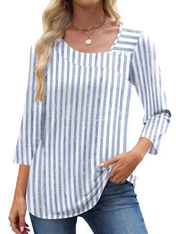 UVN Summer Square Neck Blouses for Women 3/4 Sleeve Shirt Ladies Dressy Casual Button Tunic Tops