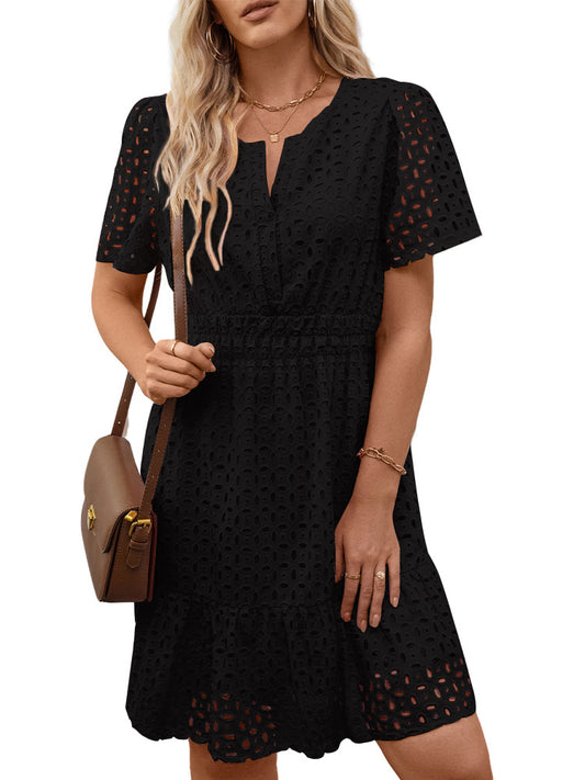 UVN Women Dress Summer Short Sleeve V Neck Dress Ladies Caual A Line Hollow Out Lace Beach Dresses