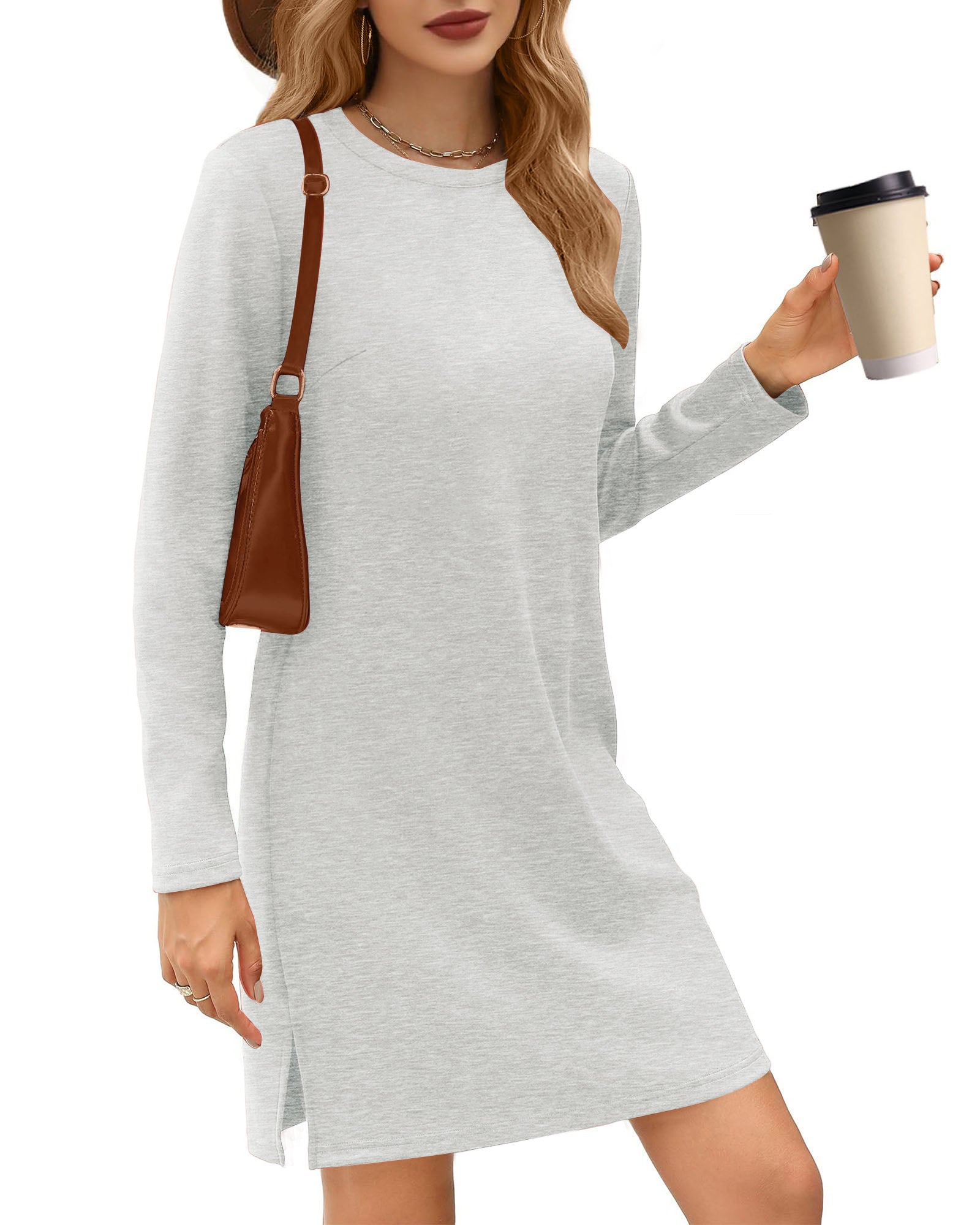 UVN Dresses for Women Fall Winter Long Sleeve Crewneck Casual Pullover Sweatshirt Dress with Side Split