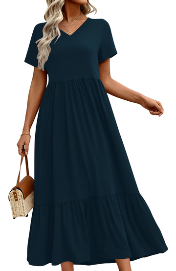 UVN Long Dresses for Women Summer Short Sleeve Casual V Neck Maxi Dress with Pockets