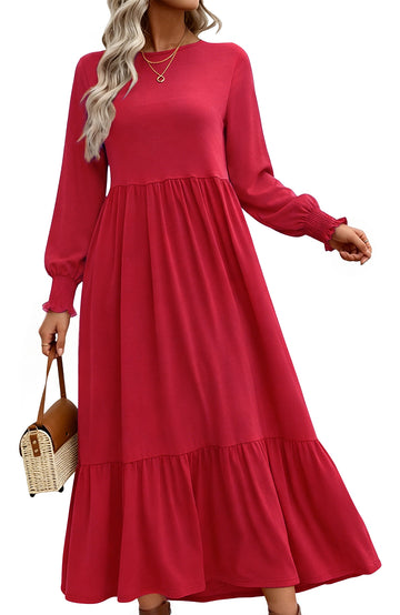 UVN Fall Long Dress for Women Crewneck Casual Long Sleeve Pleated Dresses with Pockets