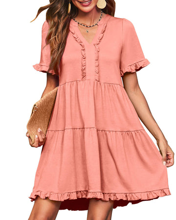 UVN Summer Dresses for Women V Neck Short Sleeve Casual A Line Dress Flowy Swing Ruffle Sundress with Pockets