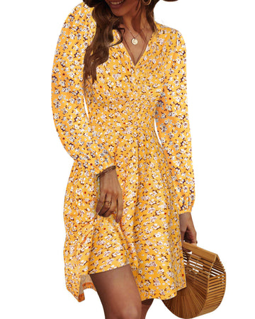UVN Fall Dresses for Women Long Sleeve V Neck A-Line Midi Dress Boho Beach Floral Print Sundress