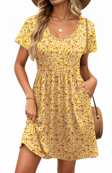 UVN Summer Dresses for Women Boho Floral Print Midi Dresses Casual Short Sleeve U Neck Beach Sundress with Pockets