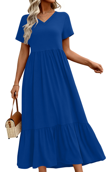 UVN Long Dresses for Women Summer Short Sleeve Casual V Neck Maxi Dress with Pockets