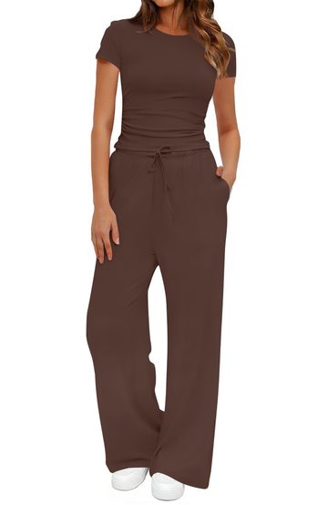 UVN Summer 2 Piece Outfit Set for Women Ruched Short Sleeve Tops and Wide Leg Pants with Pockets Casual Tracksuit Sets Ladies Loungewear