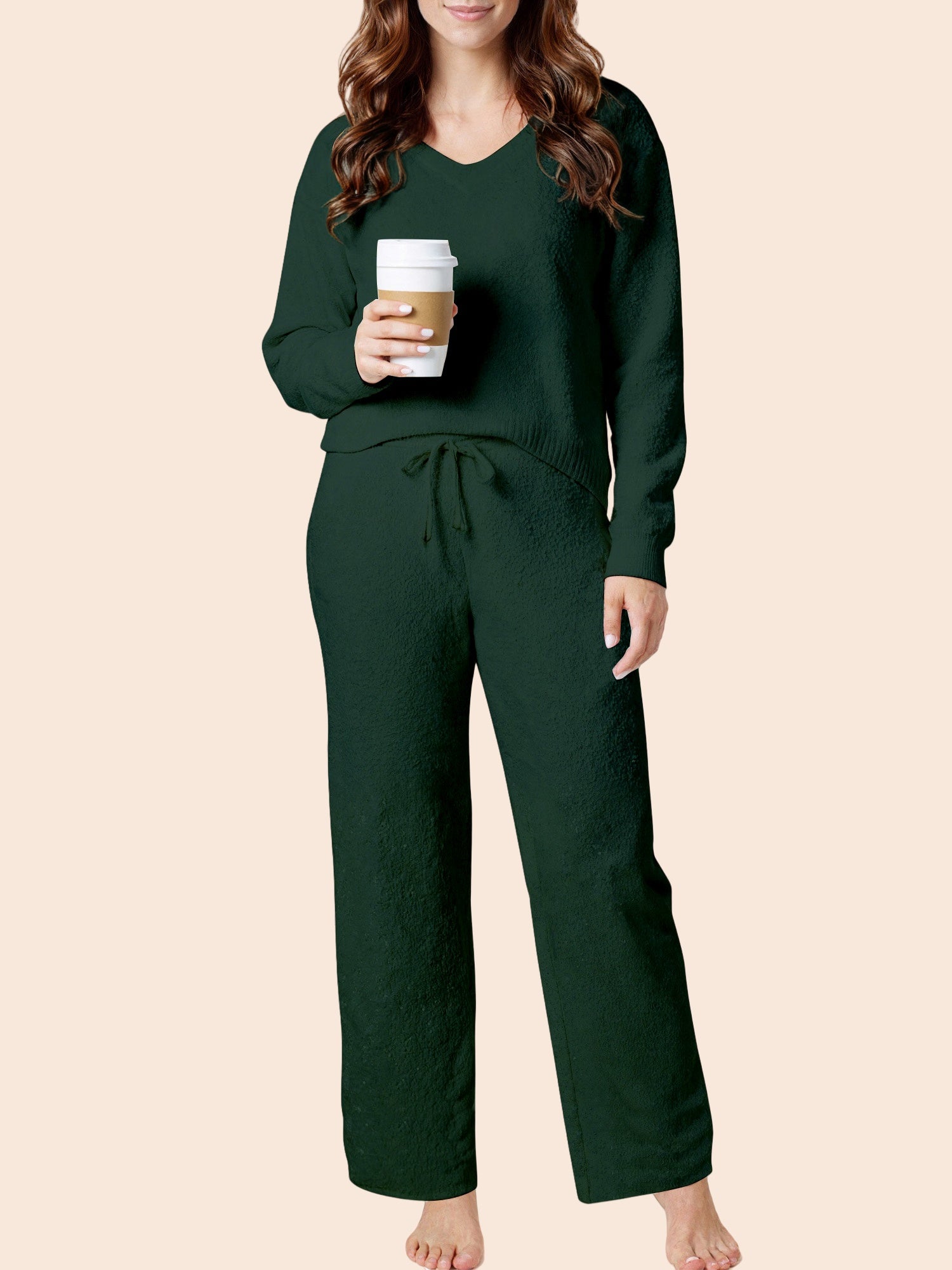 UVN Winter Pajama for Women Sweater Set Ladies V neck Tops and Long Pants Warm 2 Piece Loungewear