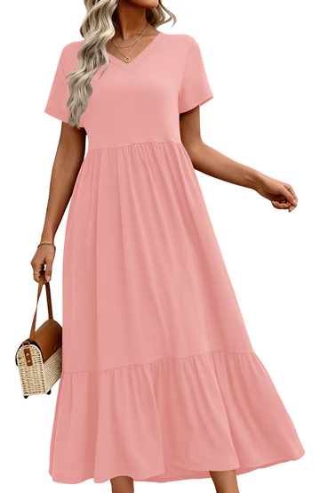 UVN Long Dresses for Women Summer Short Sleeve Casual V Neck Maxi Dress with Pockets